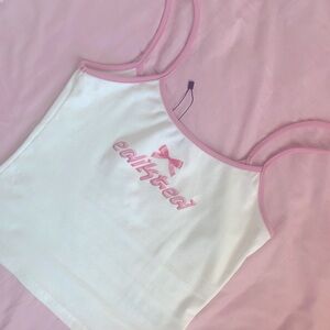 Edikted white/pink cropped tank top with “edikted” and bow print